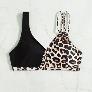 Plain & Leopard Surplice Neck Bikini top